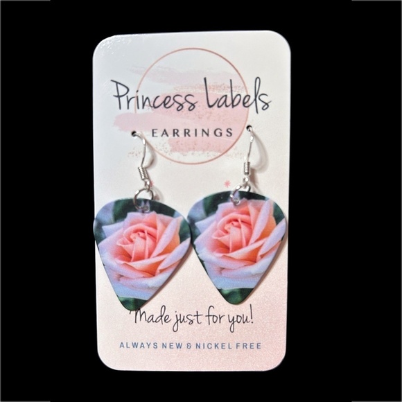 Hand Crafted Earrings Silver Plate Repurposed Guitar Picks Digital Photo Rose - Picture 4 of 7